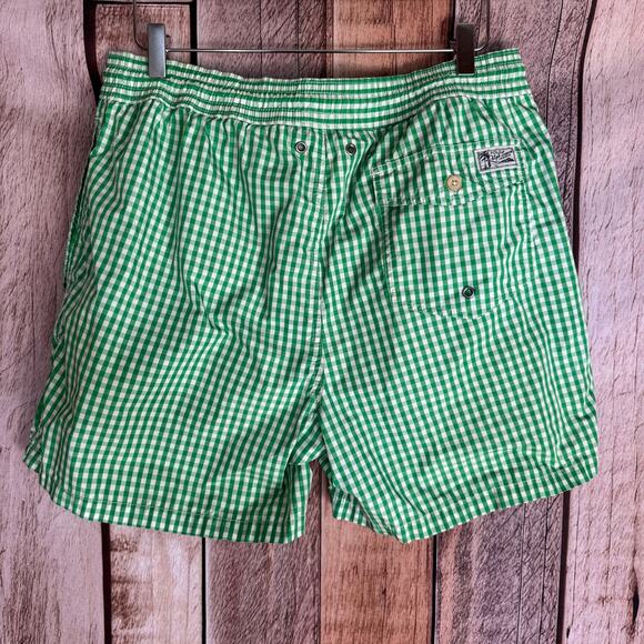 Polo Ralph Lauren Swim Trunks Green Gingham Mesh Lined Large Beach Vacation Pool - Picture 2 of 8